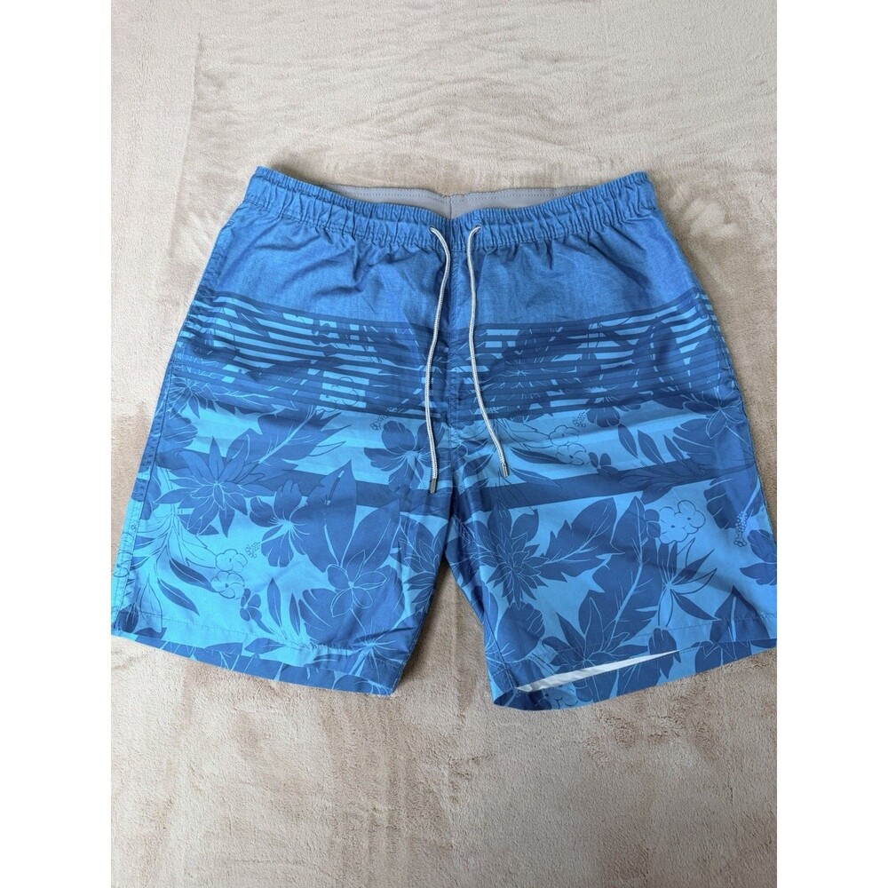 KIRKLAND SIGNATURE Shorts Mens XL Blue Swim Hibiscus Stripe Comfort Waistband